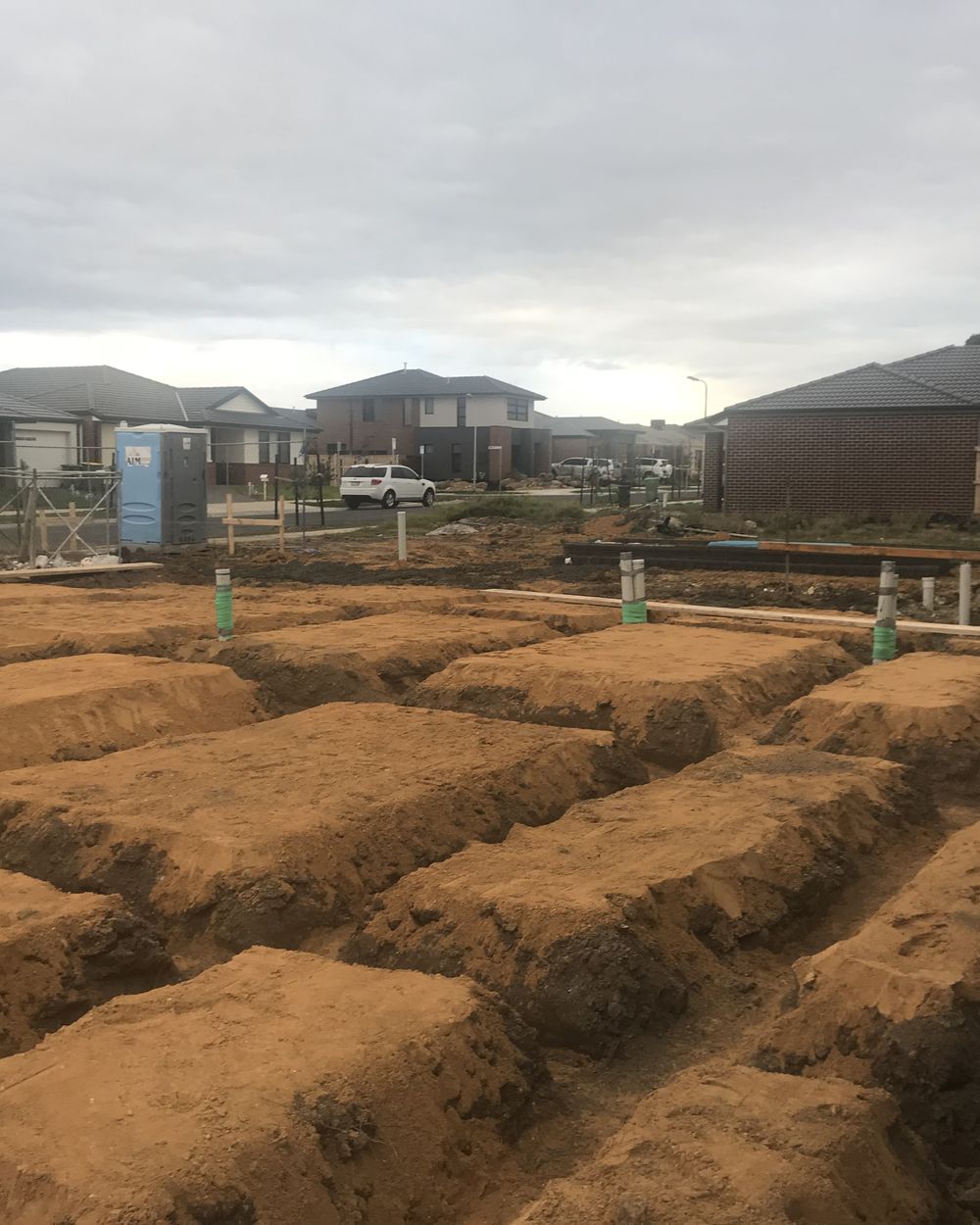 Sandy Road build in progress, footings trenched and steel set, jul 2018