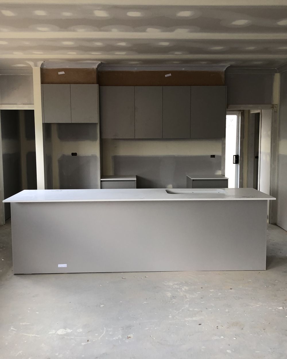 Sandy Road build in progress, kitchen cabinetry and stone going in, nov 2018